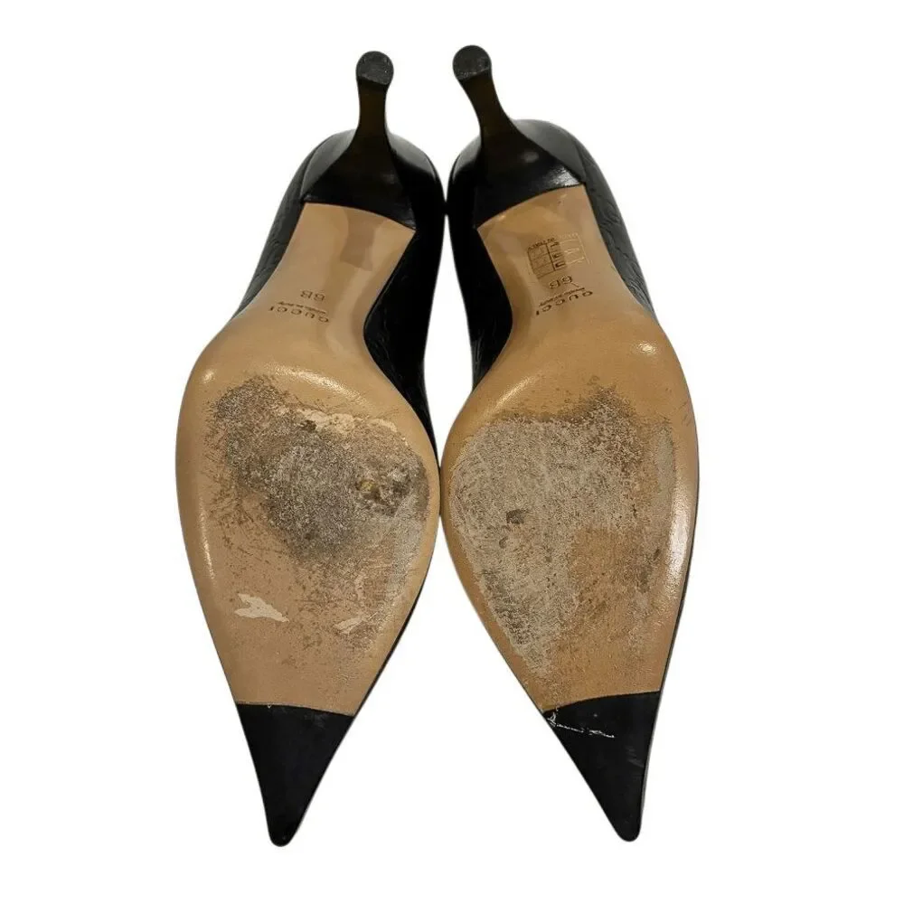 Gucci Black Double GG Monogram Logo Embossed Pointed Toe Heels Size 6 Pumps